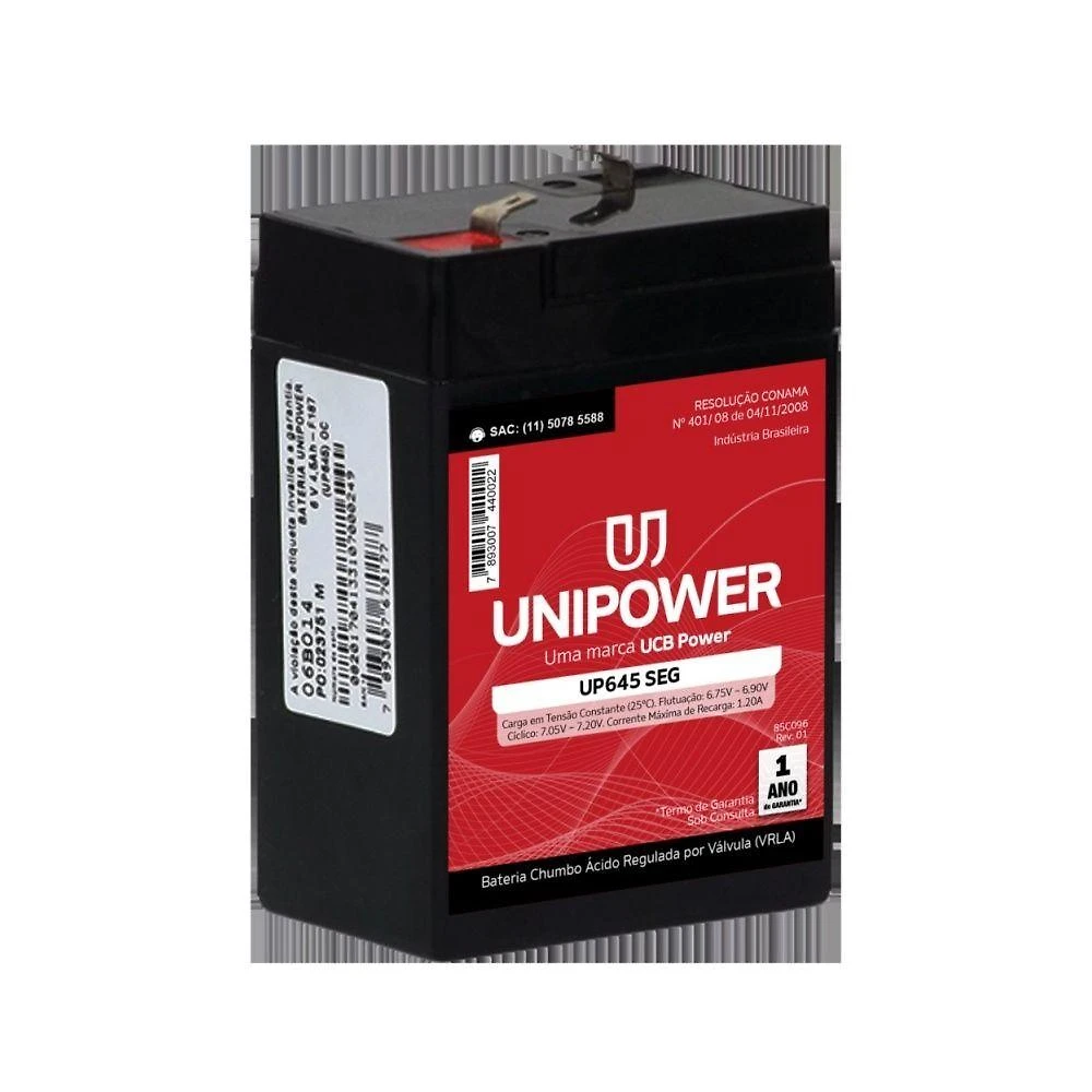 Bateria Unipower UP645SEG para Brinquedos 6V 4,5Ah Chumbo-ácida VRLA Livre de Manutenção