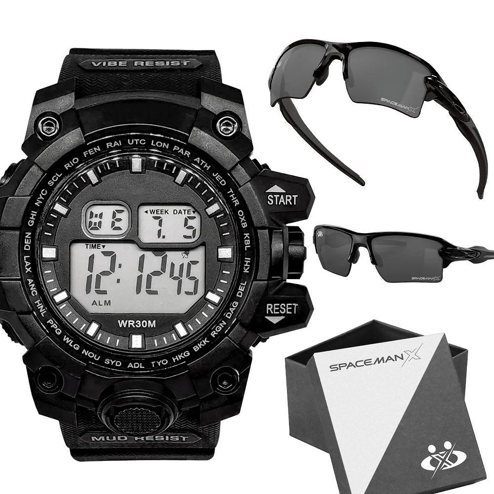 Oculos Proteção Uv + Relogio Masculino Prova Dagua Digital Resistente Acetato Alarme Cronometro Data
