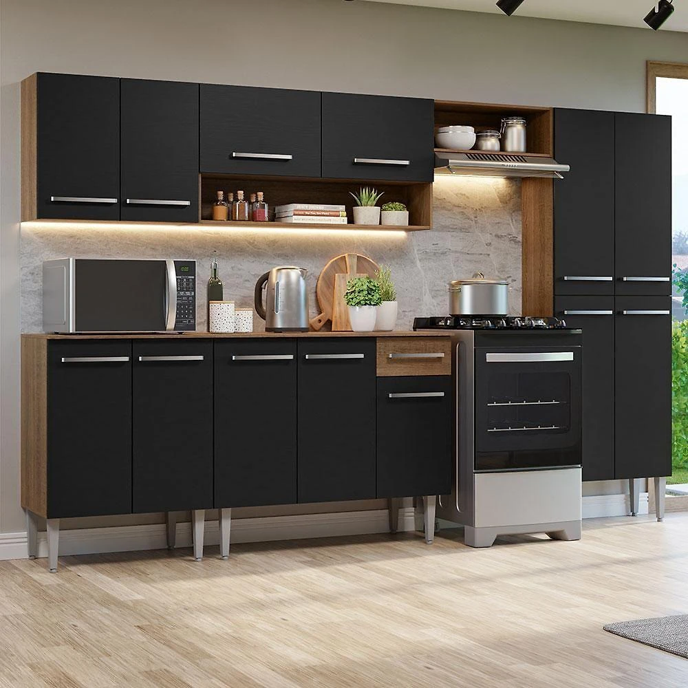 Armário De Cozinha Completa 293cm Rustic/preto Emilly Madesa 10 Rustic/preto