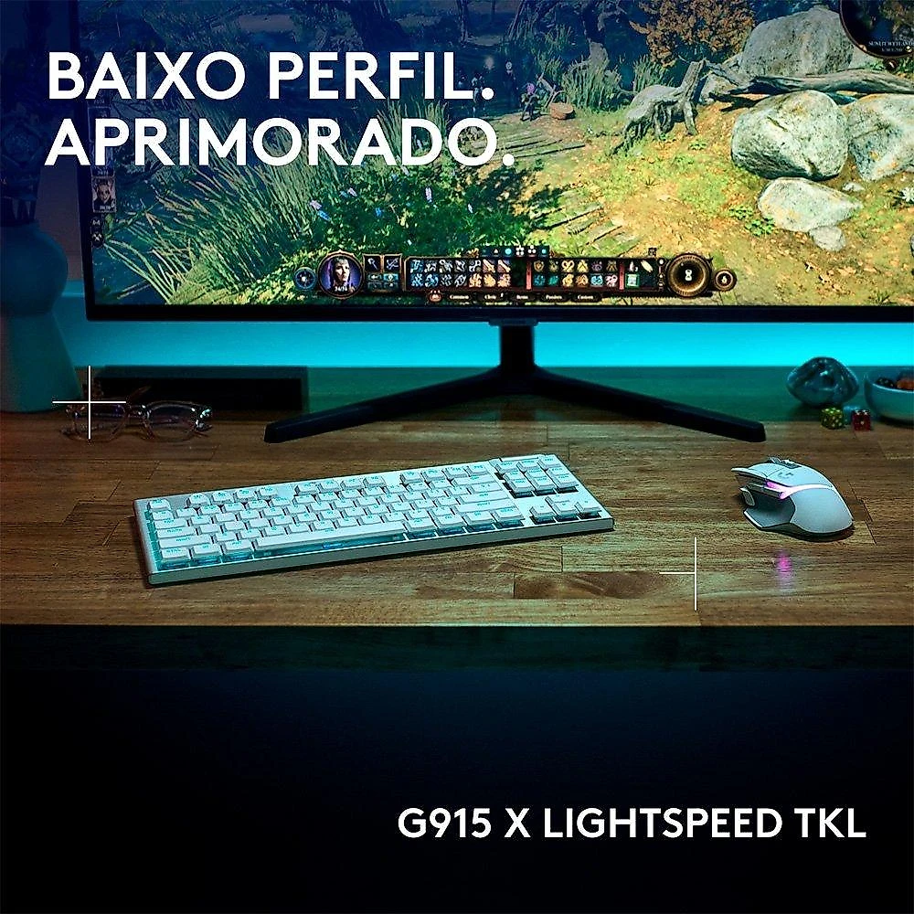 Teclado Mecânico Gamer Sem Fio Logitech G915 X Lightspeed, Design TKL RGB Lightsync, USB ou Bluetooth e Switch GL Tactile, Branco - 920-012732