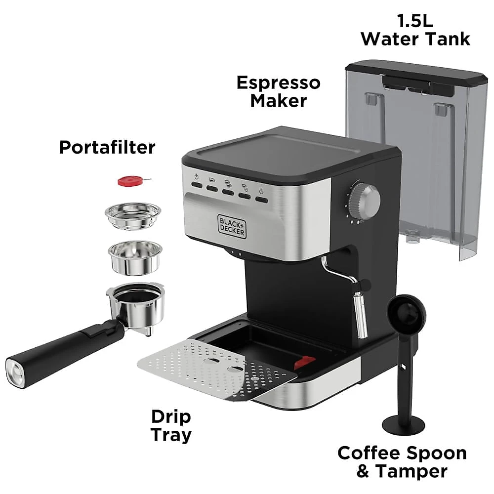 Máquina de Café Expresso e Cappuccino Semi Automática 15 Bar com Opção de Grãos ou Cápsulas ESE, 110V 1000W, BLACK+DECKER, Preta 110v