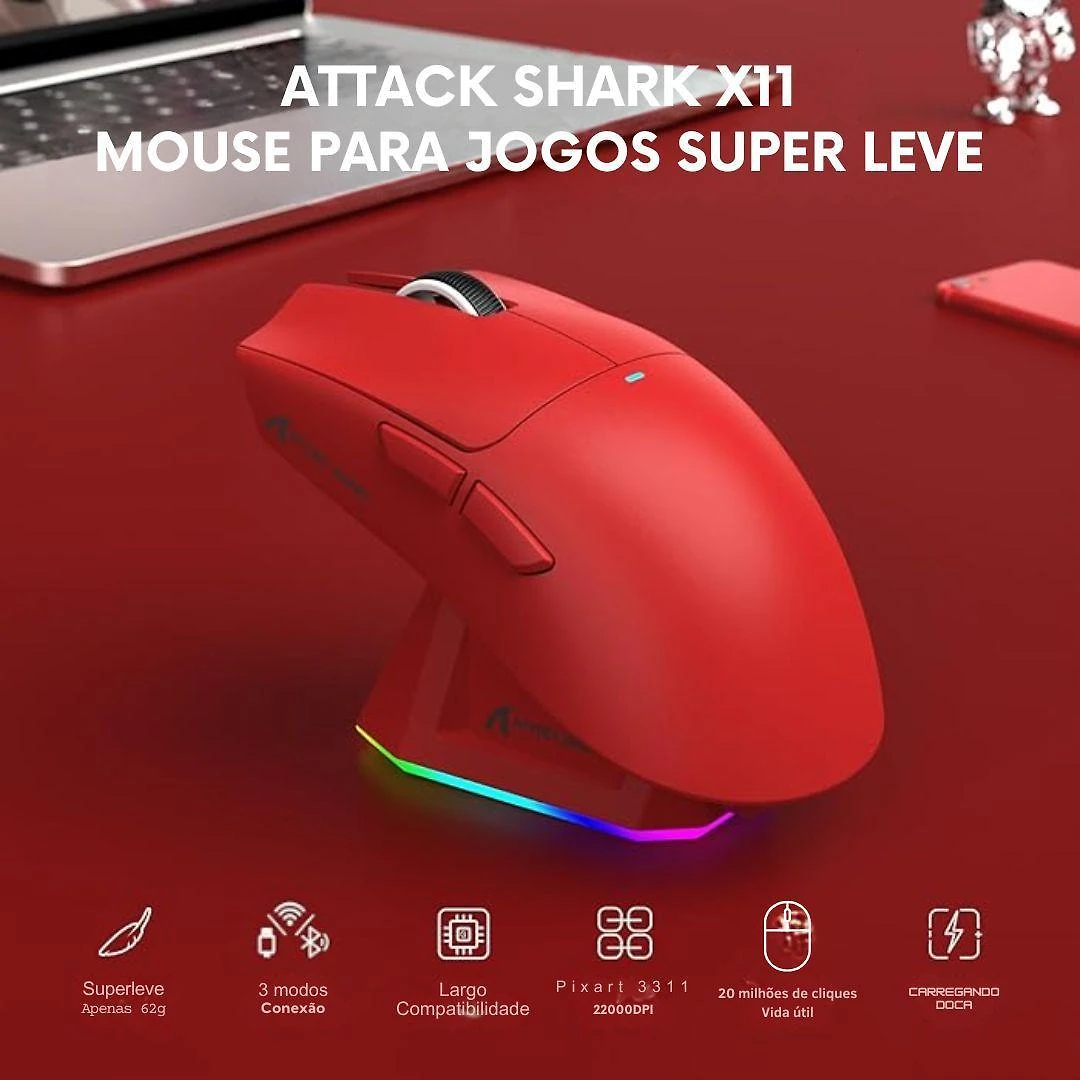 Miniatura Mouse Gamer Attack Shark X11, Red, 22000Dpi, Rgb, Tri-Mode