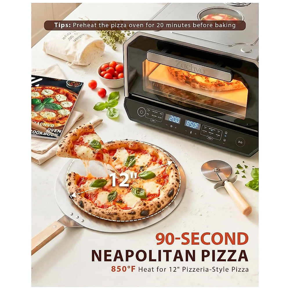 Forno de Pizza Elétrico ZACHVO MS-602A 13-em-1 Pizza 30cm Pedra Refratária 454°C Napolitana 110V