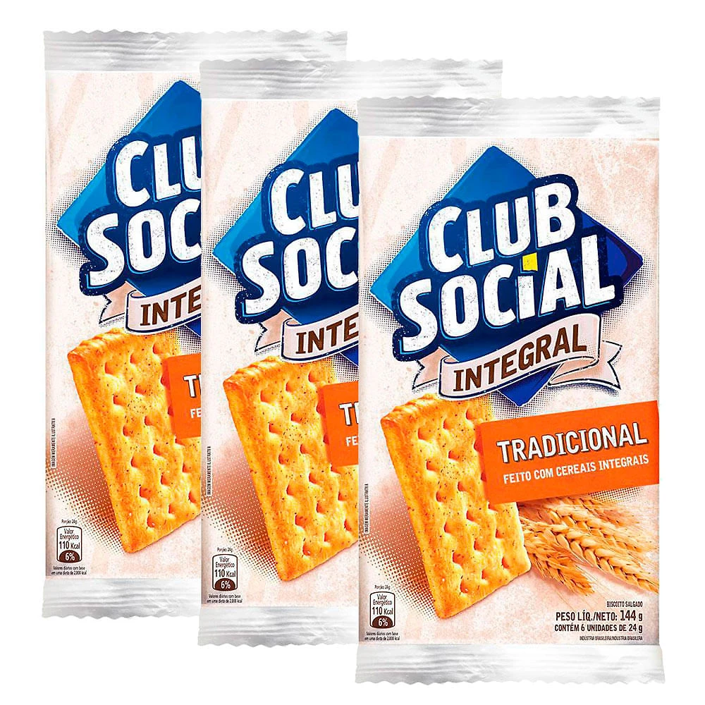 Kit 3 Biscoito Club Social Integral Tradicional com 6 Unidades de 24g cada