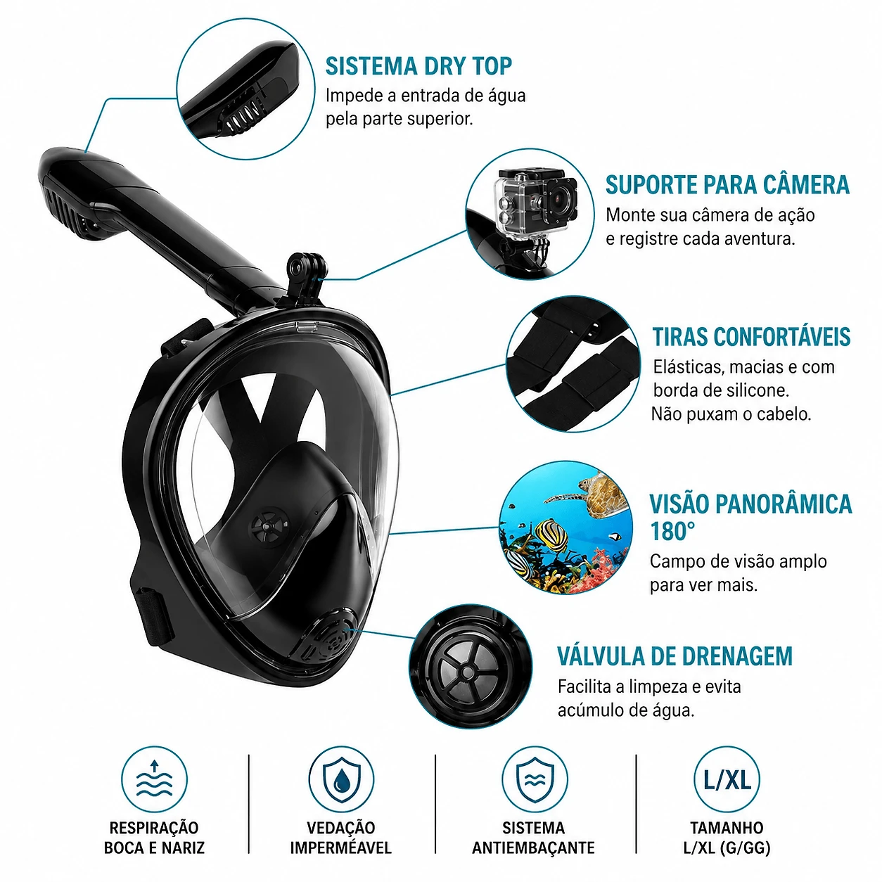 Miniatura Máscara de Mergulho Snorkel Full Face Free Breath Preta com Suporte GoPro