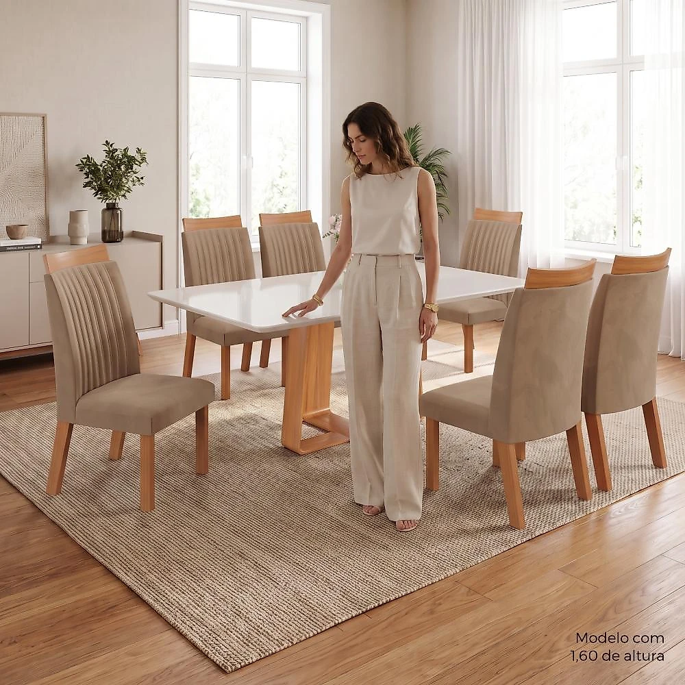 Conjunto Mesa de Jantar com Vidro e 6 Cadeiras 160cm Multimóveis CRLJM-CON030 Madeirado/Bege