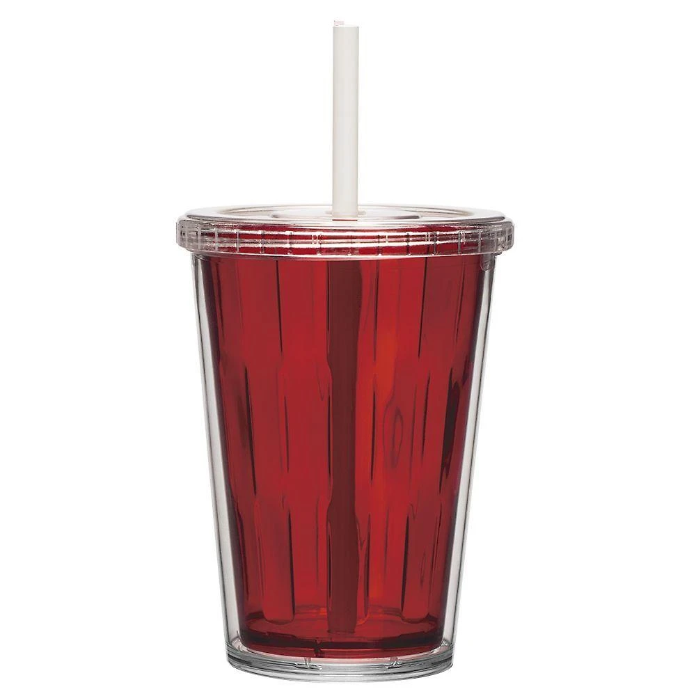 Jogo De Copos 02 Casal Duplo Multiuso 670ml Com Tampa Canudo Cor:vermelho