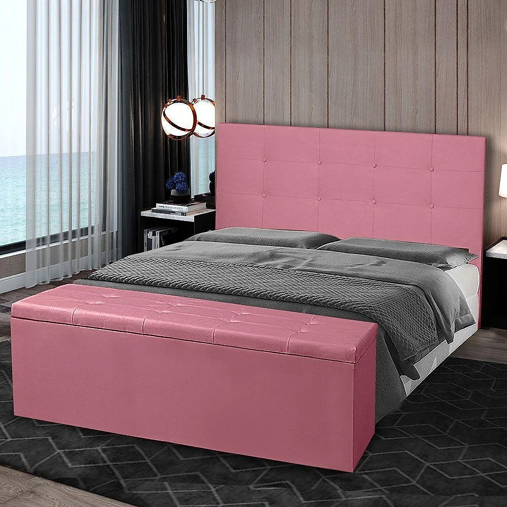 Kit Cabeceira E Calçadeira Baú Casal 1,40m Berlim Suede - Pallazio Cor Rosa