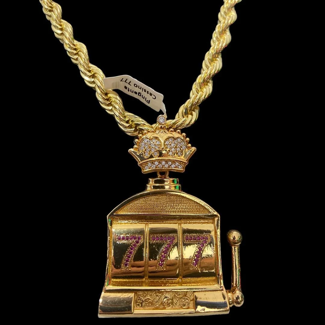 Miniatura Cordão Baiano 13Mm + Pingente 777 Cassino - Banhado A Ouro