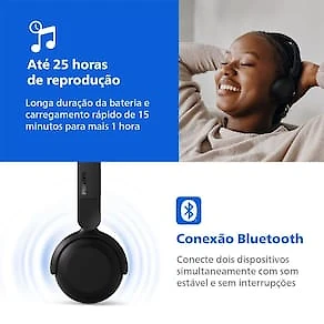 Miniatura Fone de Ouvido Philips TAH2209BK/00 Headphone Bluetooth 25h Bateria Dobrável Preto