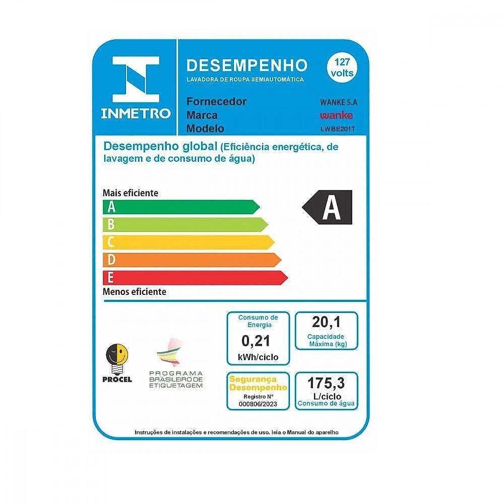 Tanquinhos Wanke Premium LWBE201T3 Semiautomática 20kg Branco 220V
