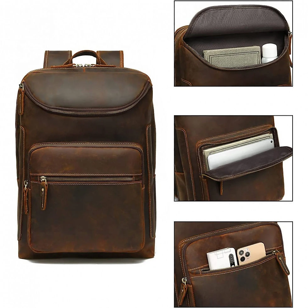 Lannsyne Mochila Unissex de Couro para Laptop , Marrom 110v