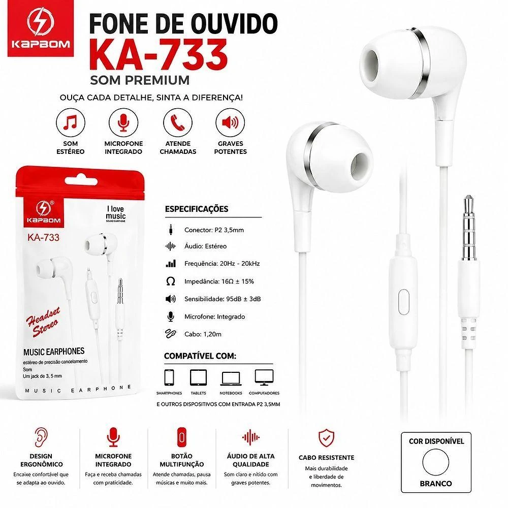 Fone de Ouvido Kapbom KA-733 com Microfone P2 3,5 mm Branco e Preto