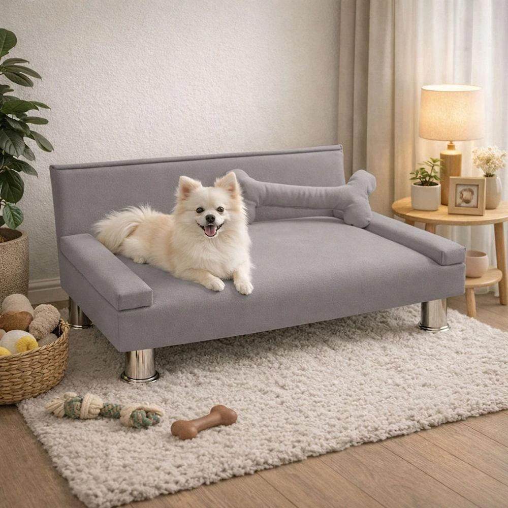 Cama Pet Pallazio Estofada com Almofada de Osso 90x60cm Cinza
