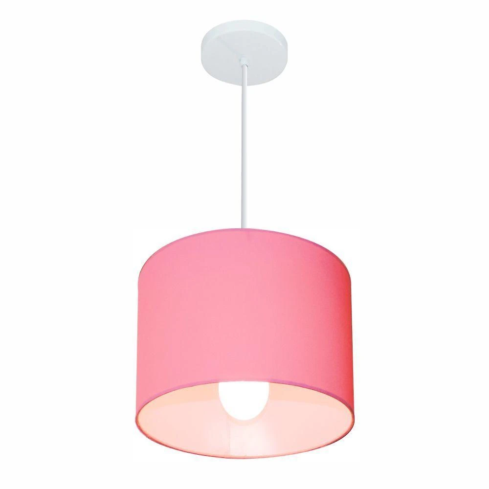 Lustre Pendente Cilíndrico Md-4054 Cúpula Em Tecido 30x21cm Rosa Bebê - Bivolt