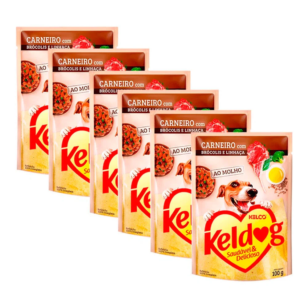 Ração Úmida para Cachorro Keldog Cordeiro com Brócolis e Linhaça em Sachê 100g | Kit com seis unidades