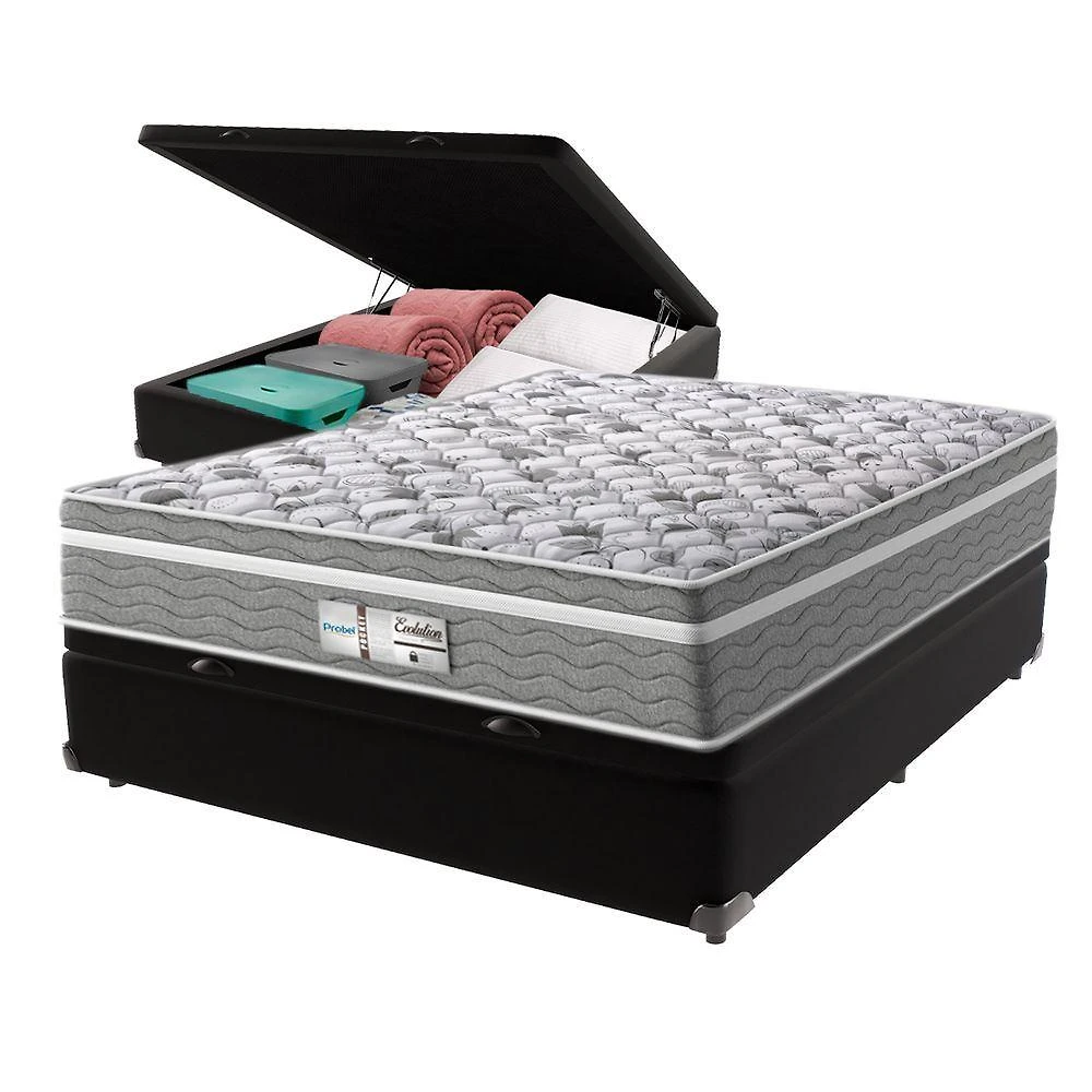 Cama Box Baú Preto E Colchão Casal Evolution Probel