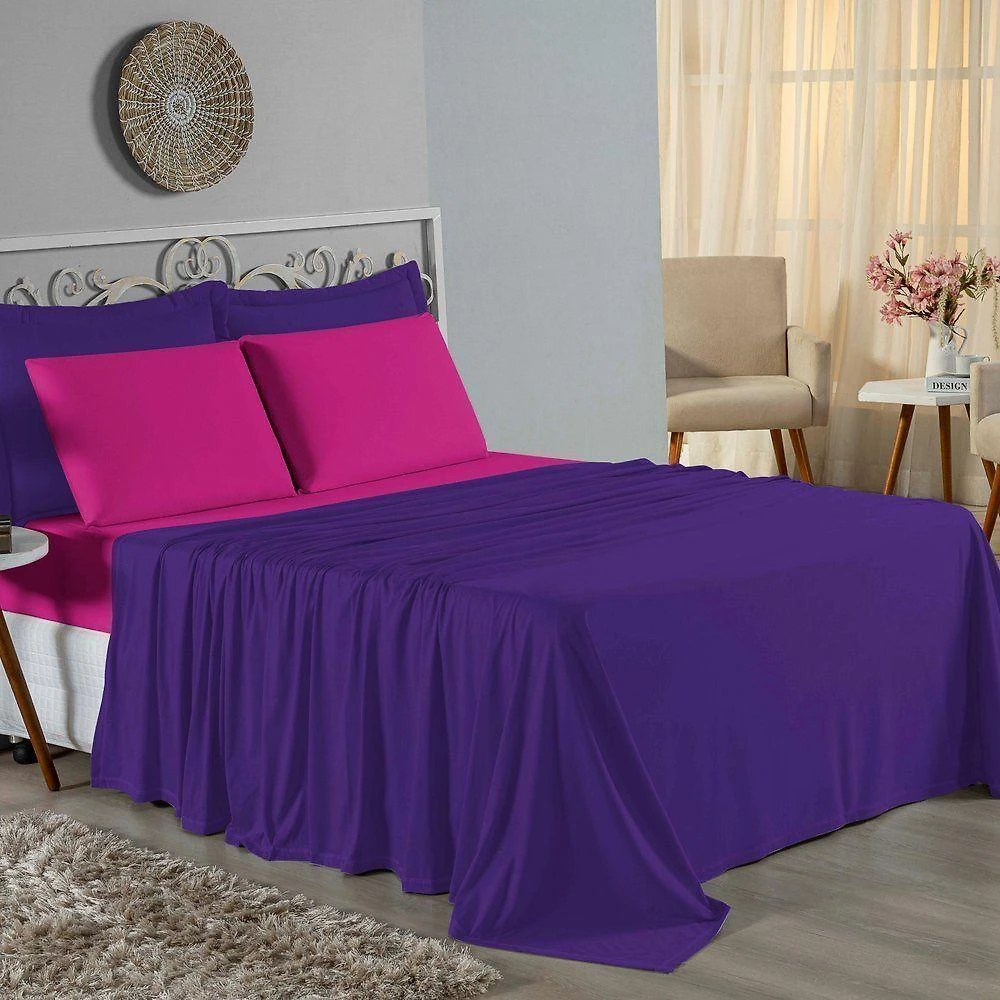 Jogo De Cama King Nobre 4 Peças Lençol Com Elástico De 30cm De Altura Malha 100% Algodão - Roxo / Pink