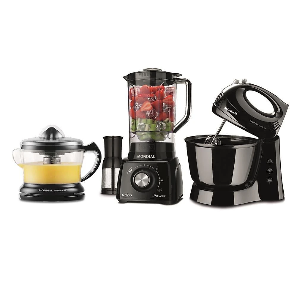 Conjunto especial mondial kt-105-b (espremedor premium + batedeira prática + liquidificador turbo power) - preto 110