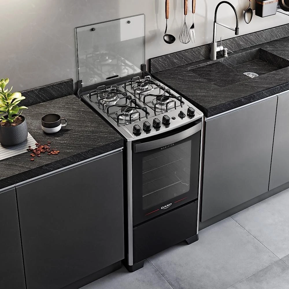 Fogão 4 Bocas Dako Magister Grill Preto Com Mesa Inox Bivolt - Preto
