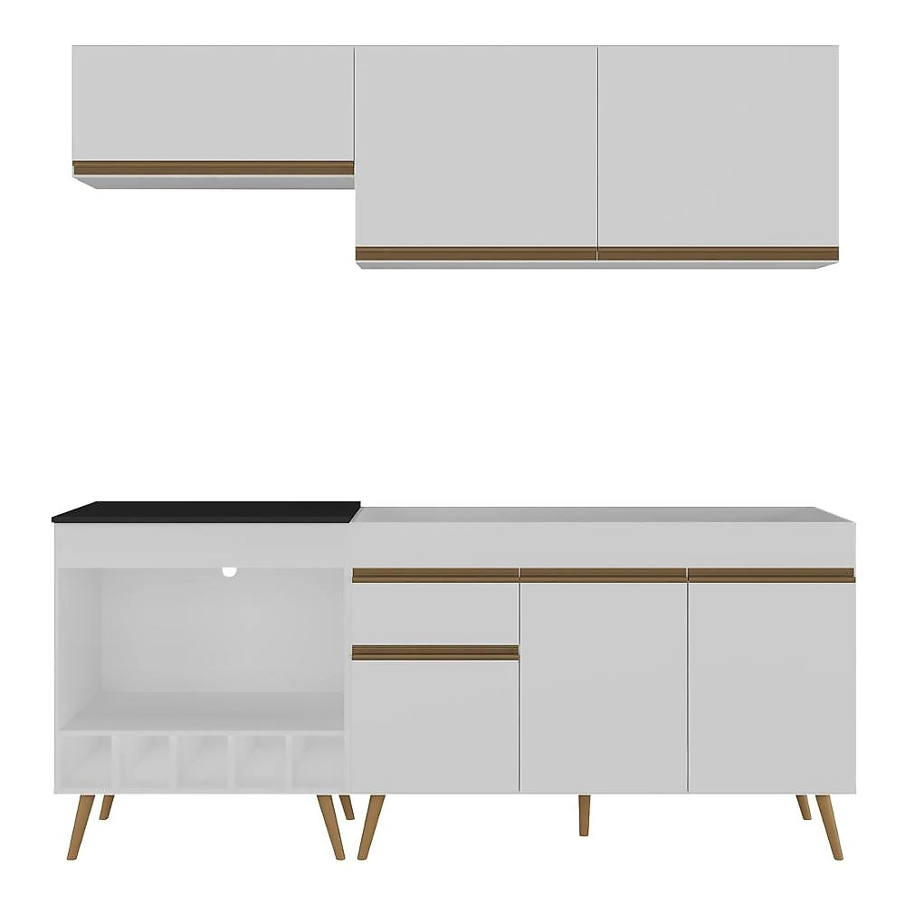 Armário Cozinha Modulada Compacta c/ Gabinete p/ Pia e Balcão p/ Cooktop Veneza Multimóveis MP3775 Branco/Dourado