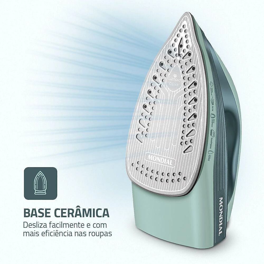 Ferro a Vapor Mondial FVN-02-G 1800W Base Cerâmica Vapor e Spray Verde 220V