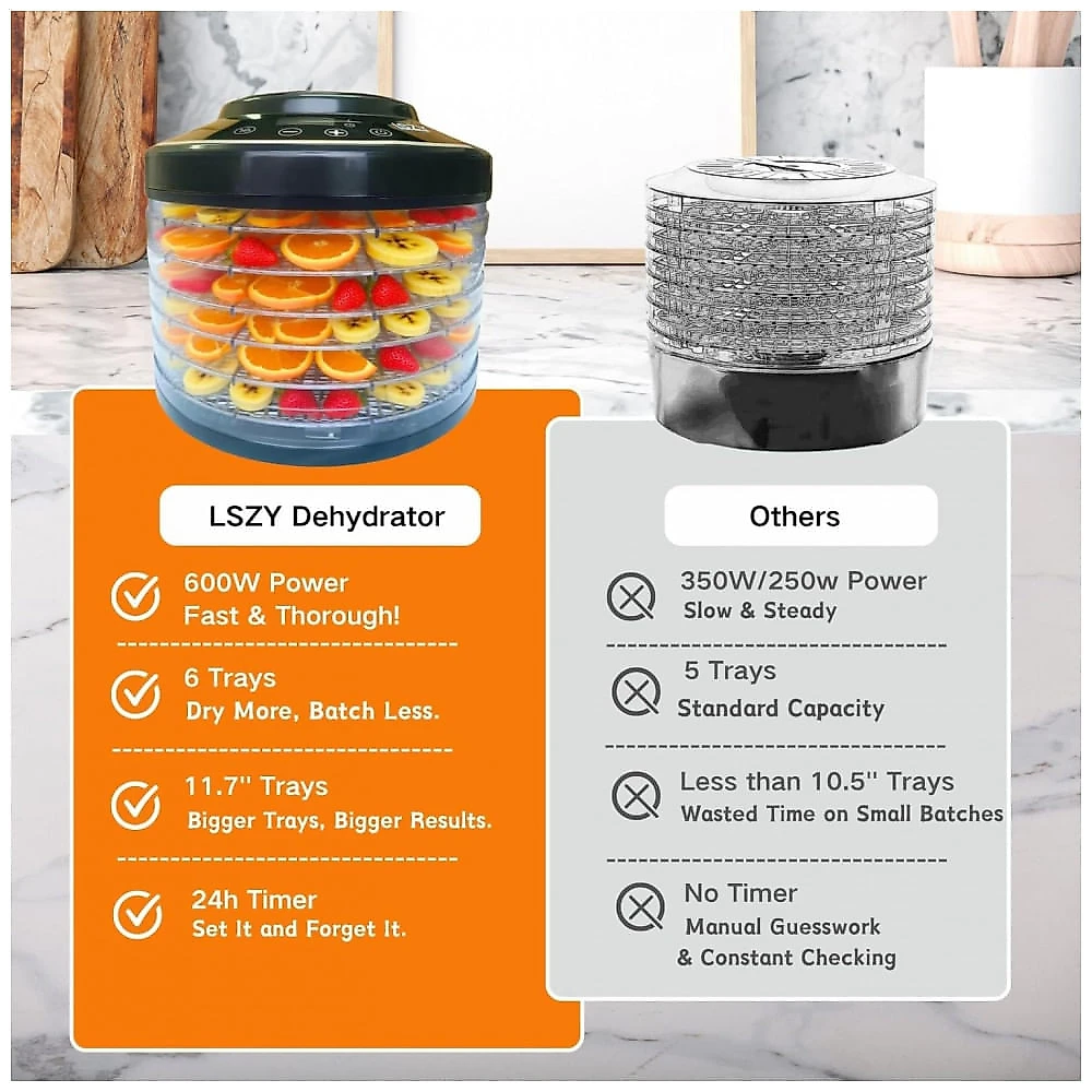Desidratador de Alimentos Lszy Preto 6 Bandejas Timer 24H 600W 120V