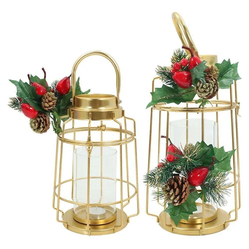 Kit 2 Lamparinas Natalinas Douradas 30cm E 36cm Decorada Metal