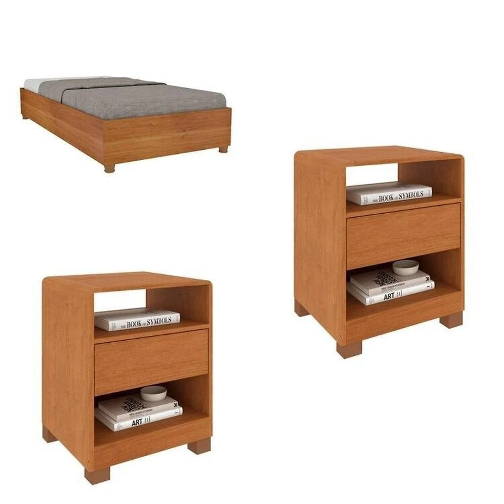 Conjunto Cama Solteiro Mônaco com 2 Mesas de Cabeceira 1 Gaveta Luna em Mdf Cinamomo/Cinamomo
