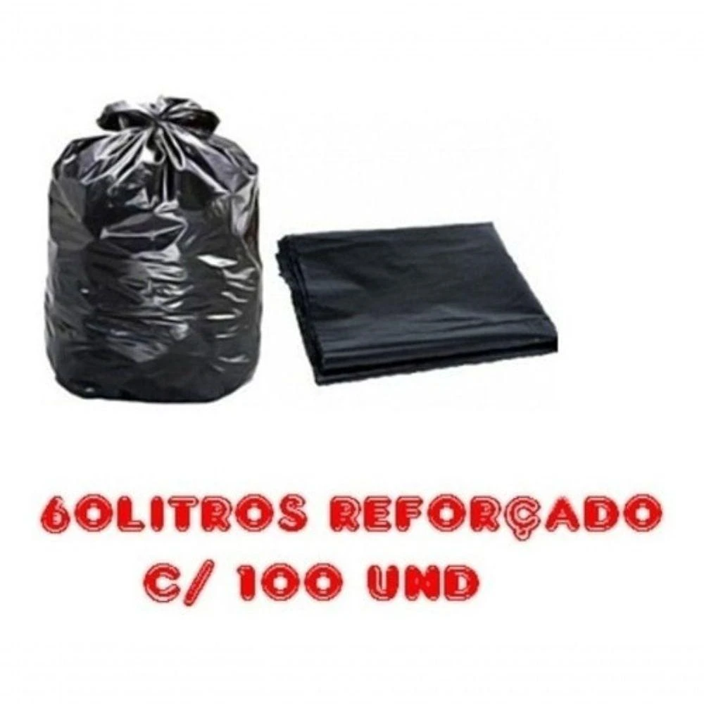 Saco para Lixo Saco de Lixo 60L Preto Reforçado 100 Unidades Parede Dupla com Sanfona na Lateral