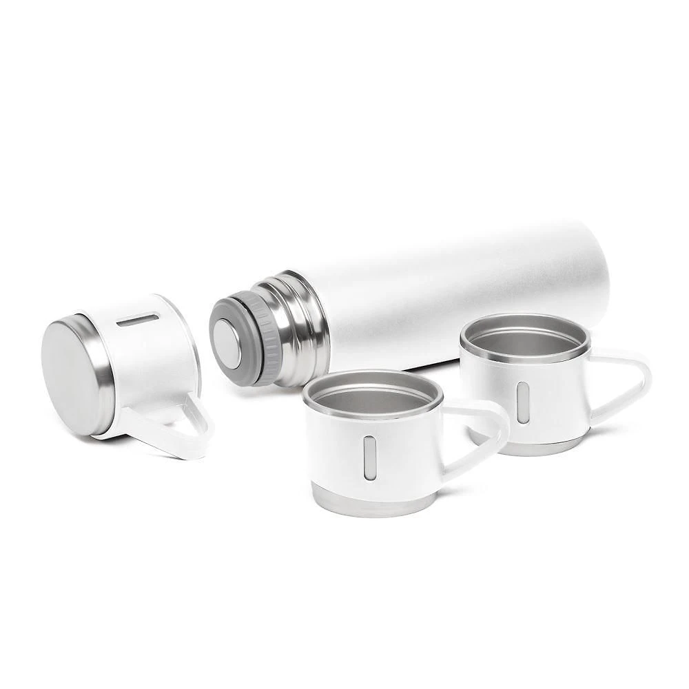 Garrafa Térmica 500ML com 3 Canecas em Aço Inoxidável para Bebidas Quentes Multiuso Branca