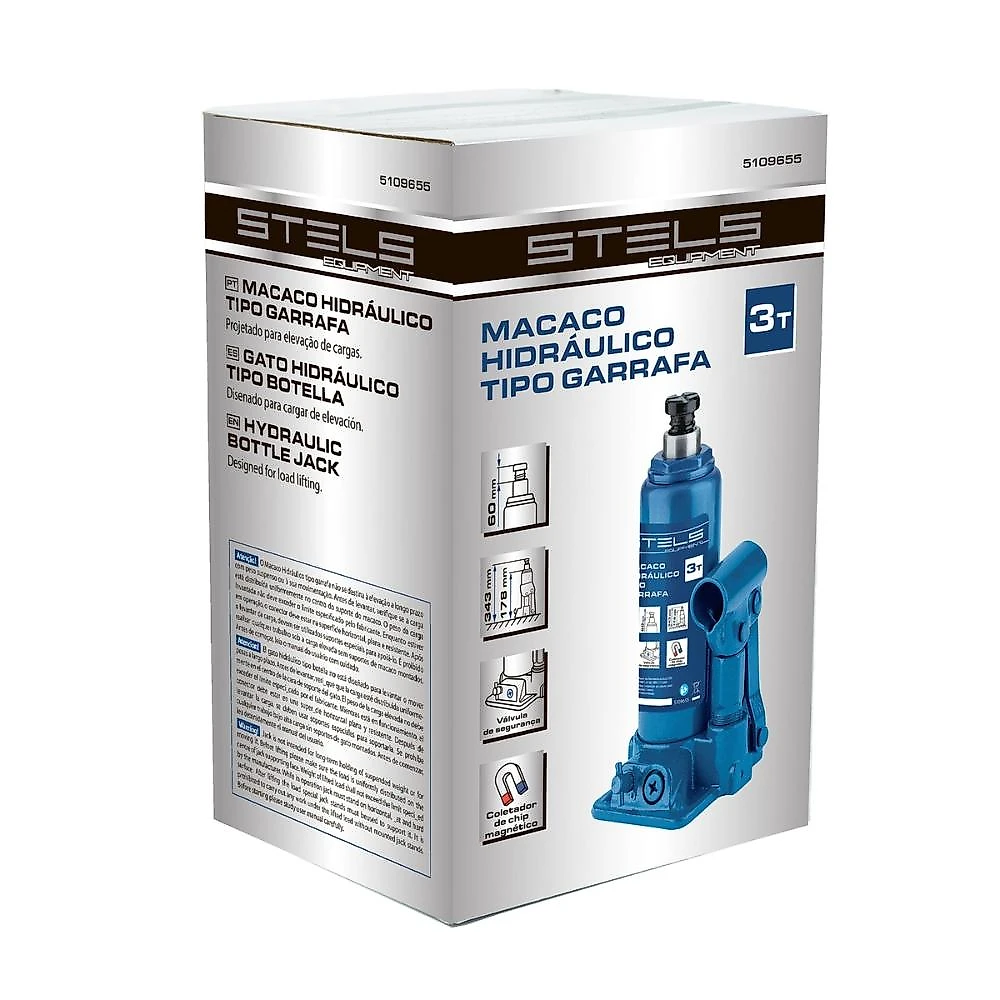 Macaco hidráulico garrafa 3t stels 5109655 elevação 178-343mm aço reforçado