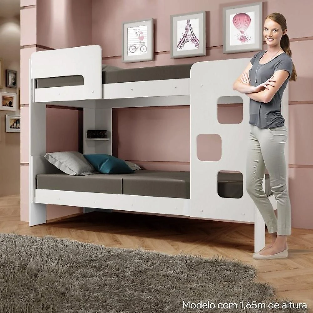 Quarto Infantil/juvenil com Beliche Vegas e Guarda Roupa 4 Portas 3 Gavetas Flórida 100% Mdf  Branco