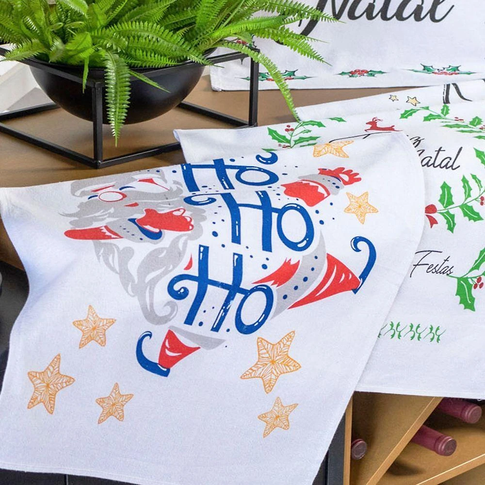 Kit 12 Unidades Pano De Prato Copa Kazzavip Sacaria 90% Algodão Natal 50cmx70cm Estampado Branco