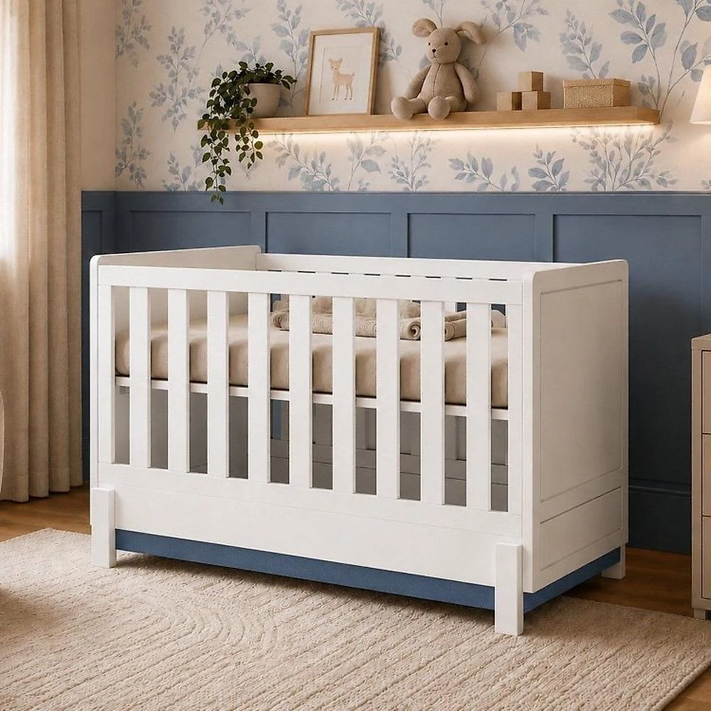 Quarto de Bebê Completo Armário 4PTS , Comoda com Pt e Berço 2 em 1 em MDF Linha Luna Neve/Azul Petroleo