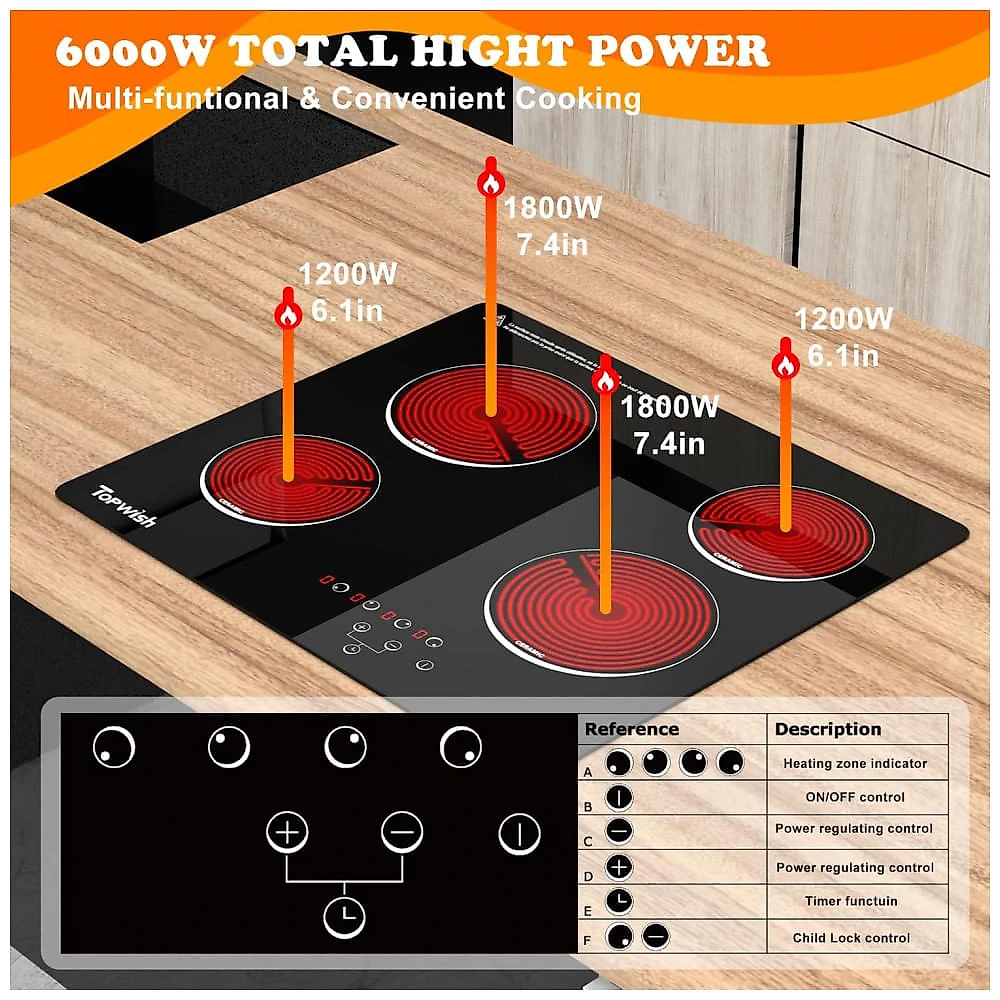 Cooktop elétrico vitrocerâmico 60cm TOPWISH preto 4 zonas radiantes touch timer bloqueio infantil 6000W 220V