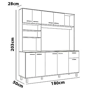 Armário de Cozinha Compacta 180cm Poliman Nuria 9 Portas 1 Gaveta MDP Perffect Touch Freijó/Grafite Acetinado
