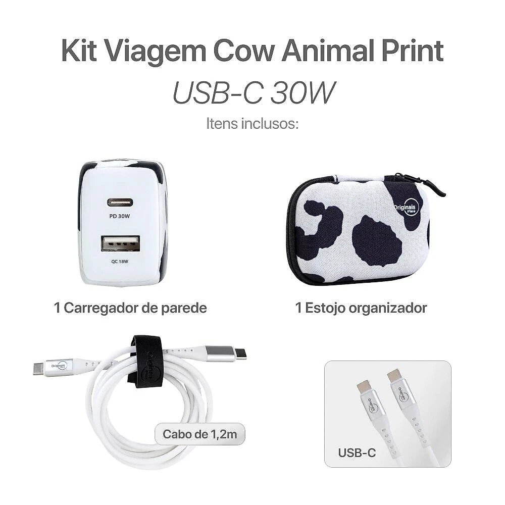 Kit Viagem Cow Animal Print USB-C 30W Originais iPlace com Carregador e Cabo