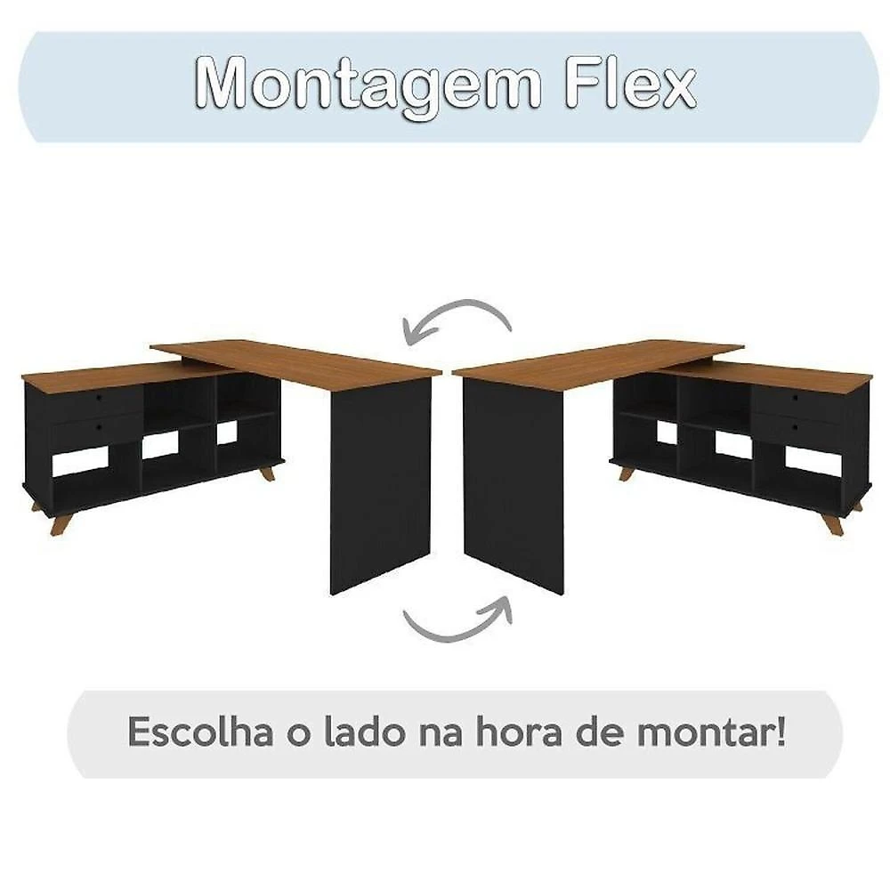 Conjunto 3 Peças 1 Escrivaninha em L Gold 1 Balcão Lugano 1 Gaveteiro Day Espresso Móveis Freijó/Preto