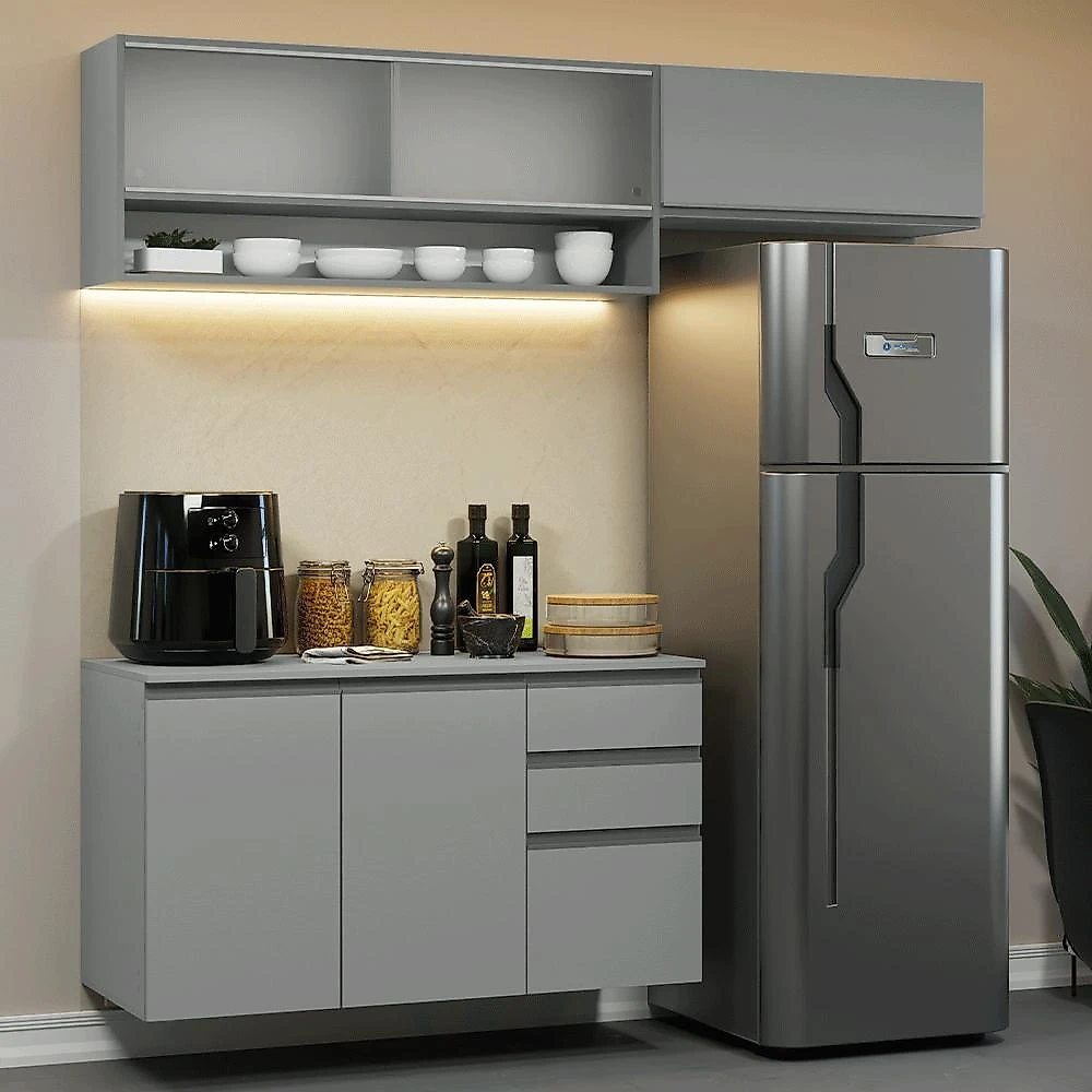 Armário de cozinha compacta suspenso 200cm cinza nice madesa xa11
