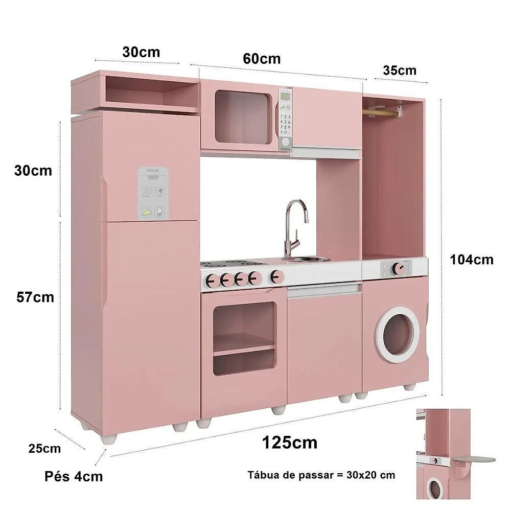 Cozinha Infantil Bruna Rosê em MDF com Micro-ondas Forno Fogão Refrigerador Rosa OFT Móveis