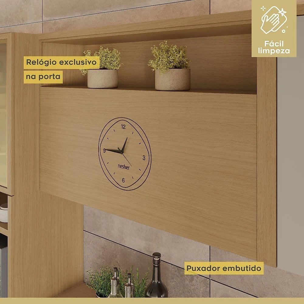 Armário Aéreo 1 Porta Com Relógio 100% Mdf 120cm Condessa Carvalho Nesher Móveis
