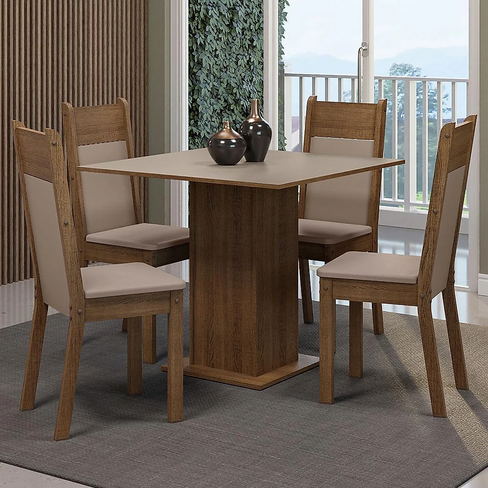 Conjunto sala de jantar mesa tampo de madeira 4 cadeiras rustic/crema/sintético bege claire madesa