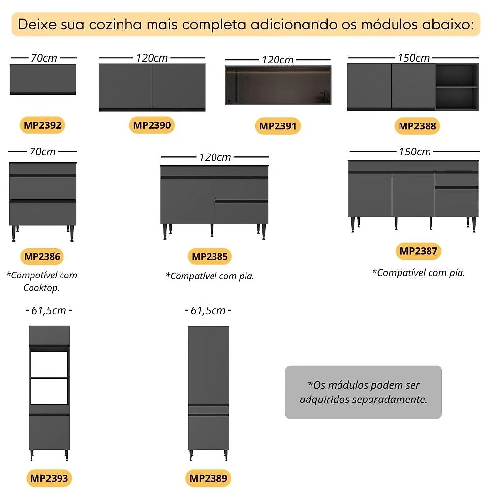 Armário de Cozinha Modulada Completa com Pia 251,5cm Milano Multimóveis MCR2395 Grafite/Creme