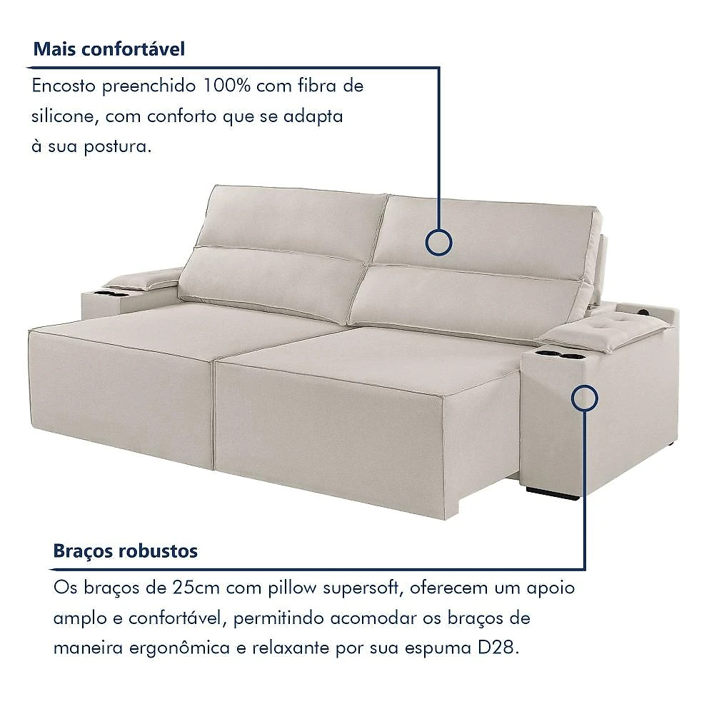 Sofá Retrátil e Reclinável 4 Lugares com Entrada USB e Porta Copos 230cm Irlanda Yescasa Sofá Retrátil e Reclinável 4 Lugares 230cm M180 Linho/Bege Claro