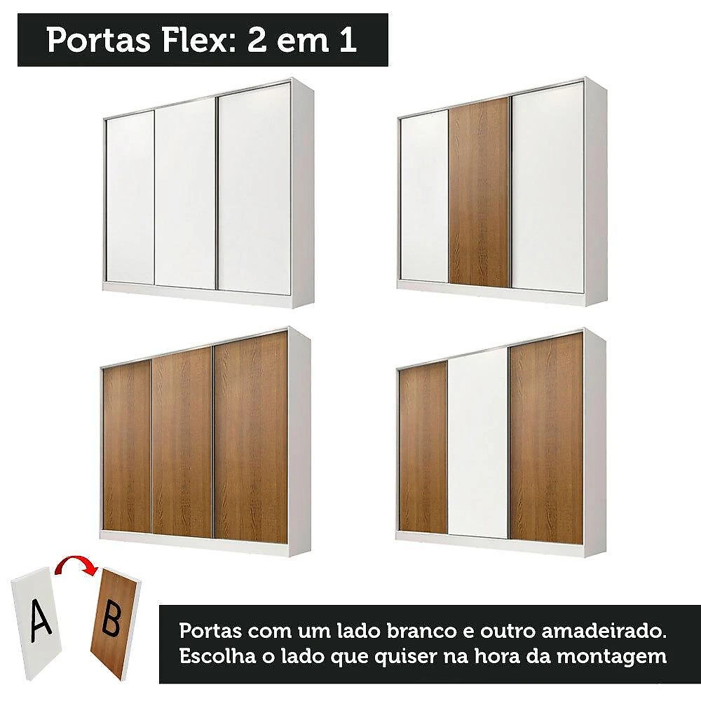 Guarda roupa juvenil 100% mdf madesa kevin 3 portas de correr - branco/rustic/branco