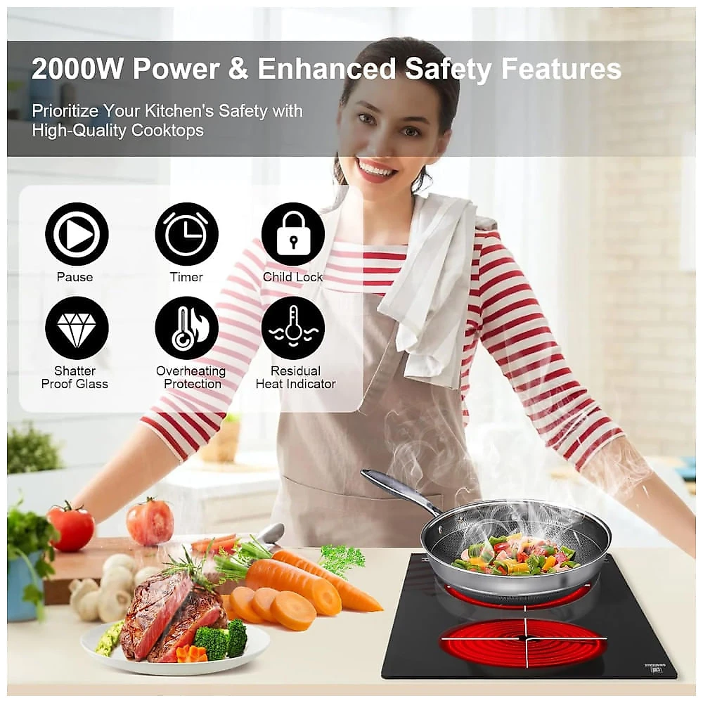 Cooktop Eltrico de Infravermelho Porttil com Queimador Duplo, Placa de Aquecimento de Cermica e Compatvel com Embutido ou Bancada, 110V 2000W, 110v