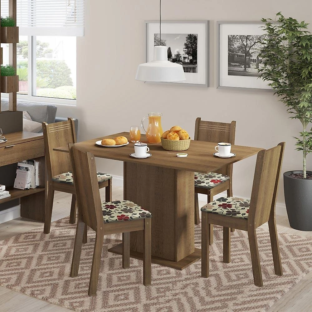 Conjunto sala de jantar lexy madesa mesa tampo de madeira com 4 cadeiras - rustic/hibiscos rustic/floral hibiscos