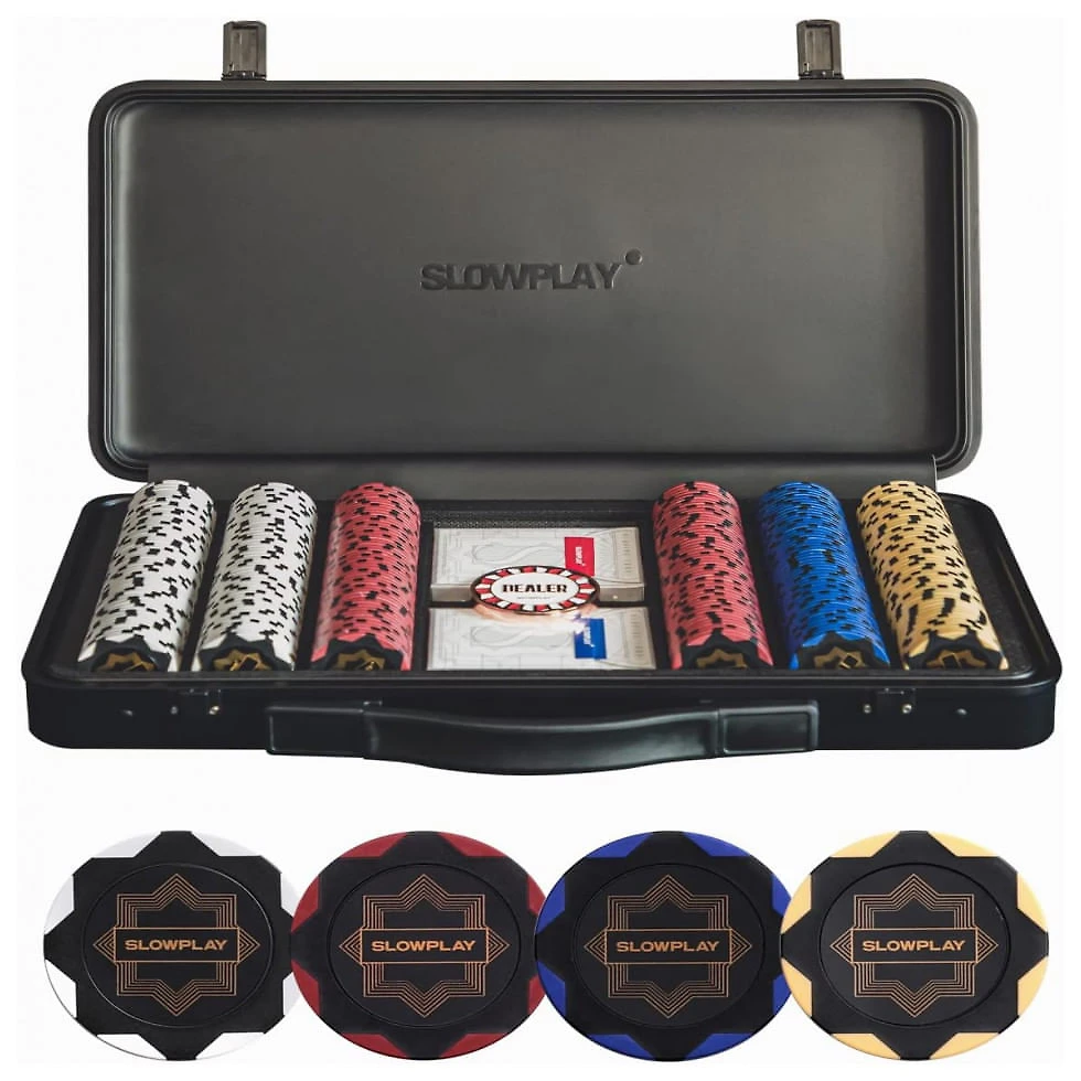 Maleta de Poker com Detalhes em Couro e 500 Fichas Numeradas para Texas Holdem 14g, SLOWPLAY, Preta