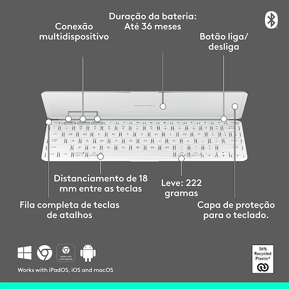 Teclado Sem Fio Logitech Keys-To-Go 2, Bluetooth, para Tablets, macOs, Windows, Capa Integrada, Claro - 920-012919